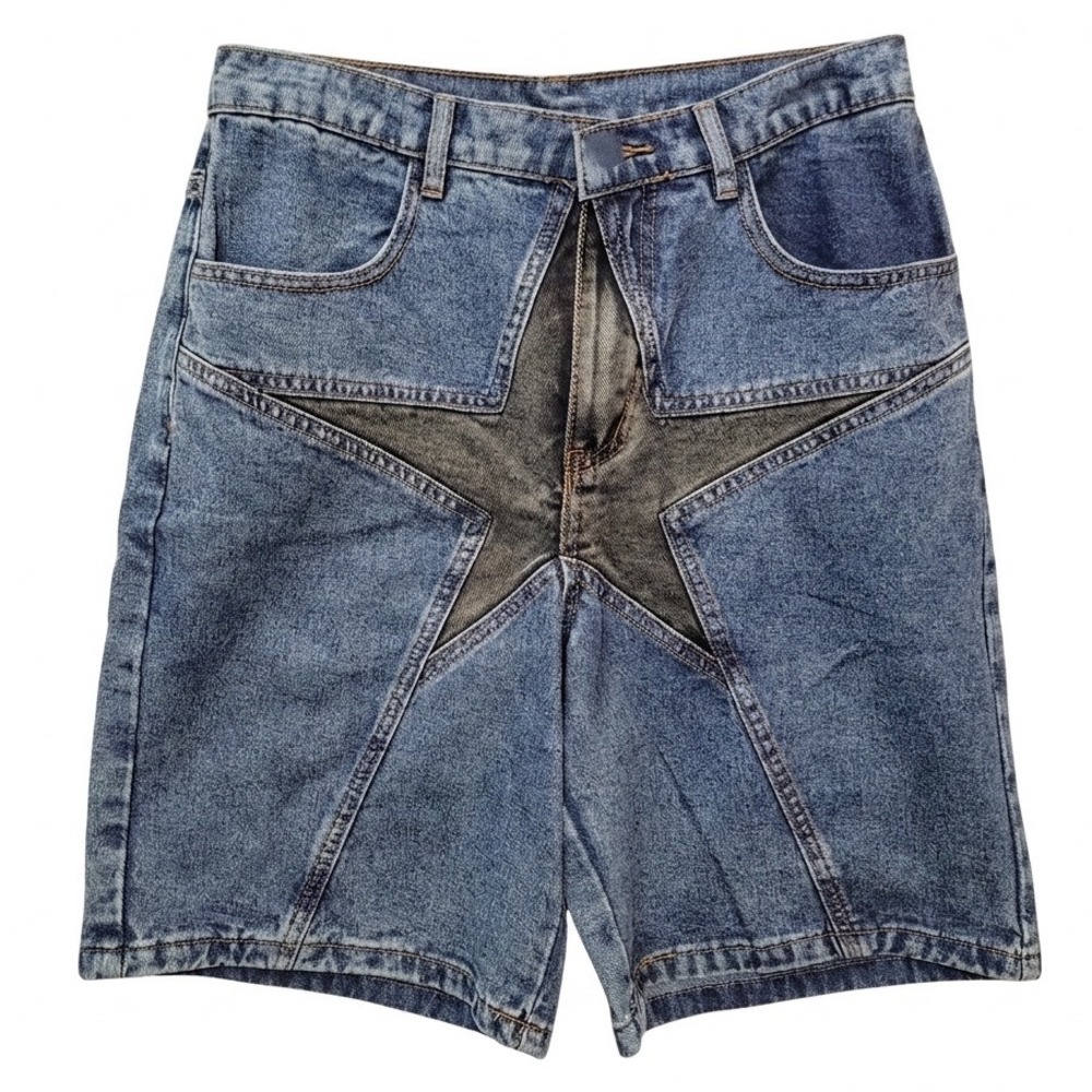 Aelfric Eden Blue Denim Star Patchwork Shorts Acid Wash Streetwear Size 25